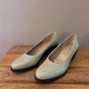 Salvatore Ferragamo Sage Green Croc-Embossed Wedge Pumps